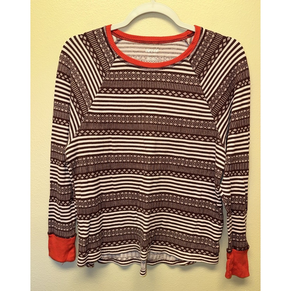 Aerie Waffle Knit Crew Top Long Sleeve Womens  XS Stripe Fair Isle Purple Red